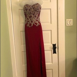 Burgundy formal full length dress with gold and iridescent sequins. Fits…